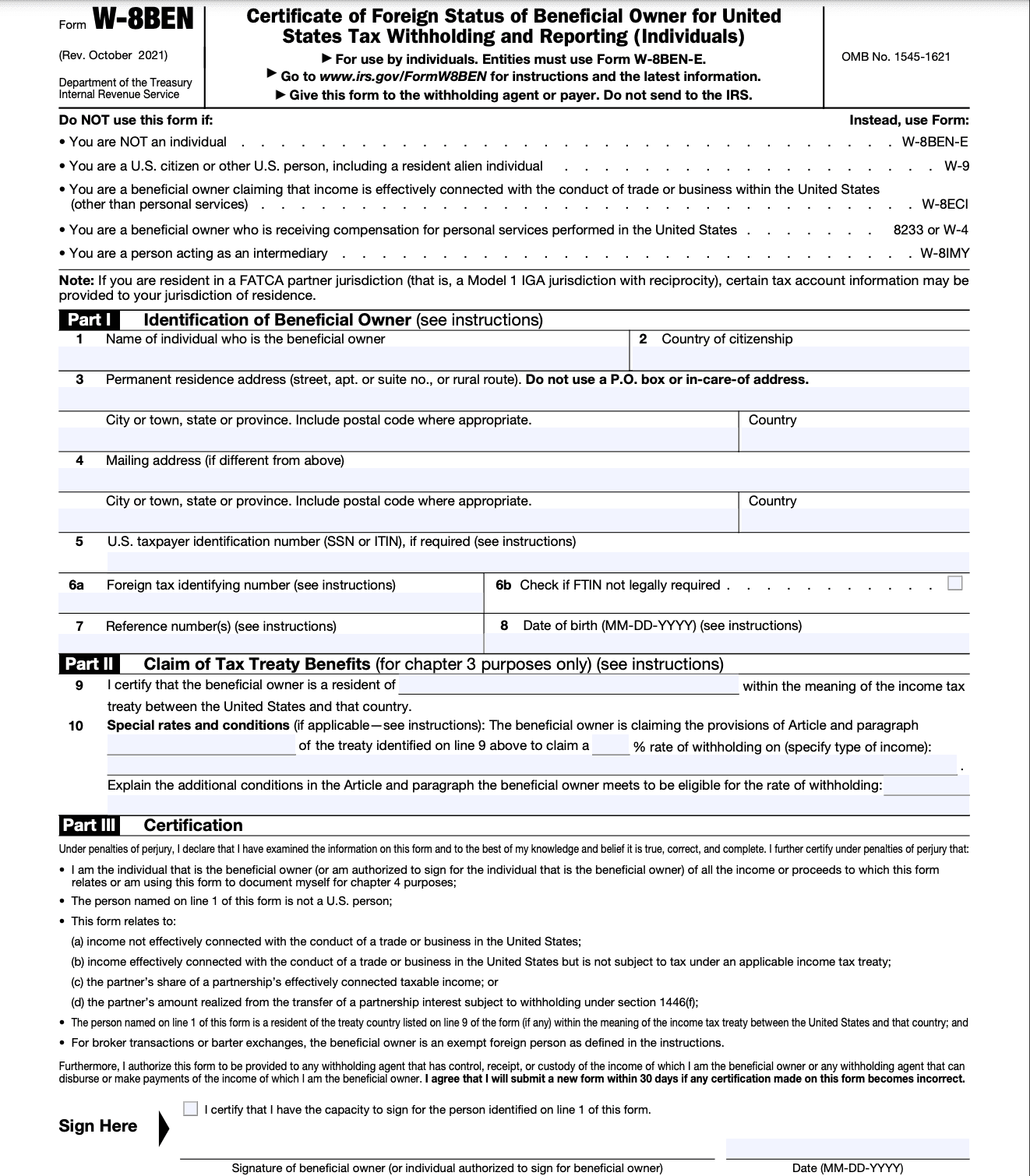 Form W8 BEN screenshot