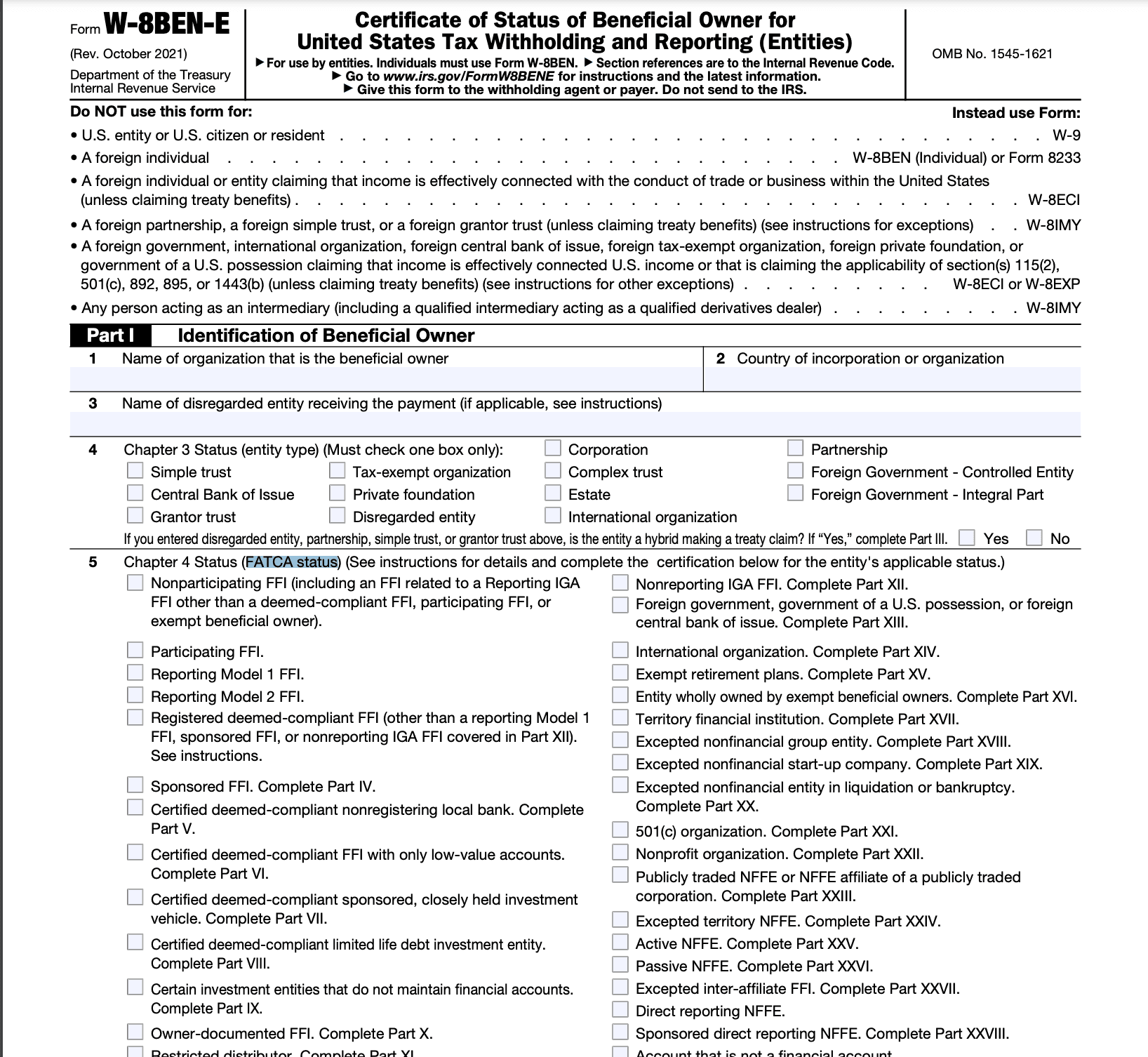 Form W8 BEN E first page screenshot