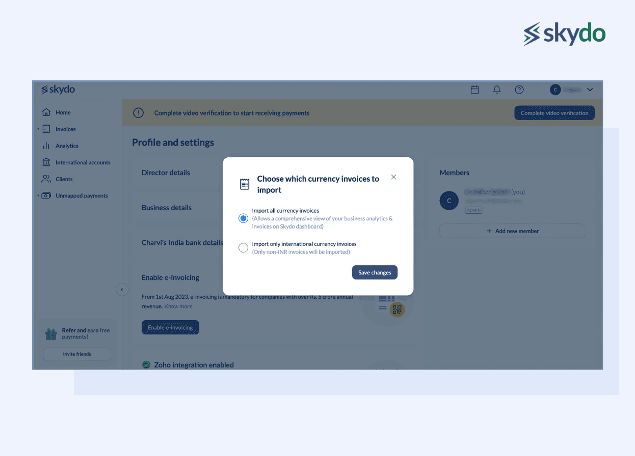 Choose which currency invoices to import from Zoho to Skydo
