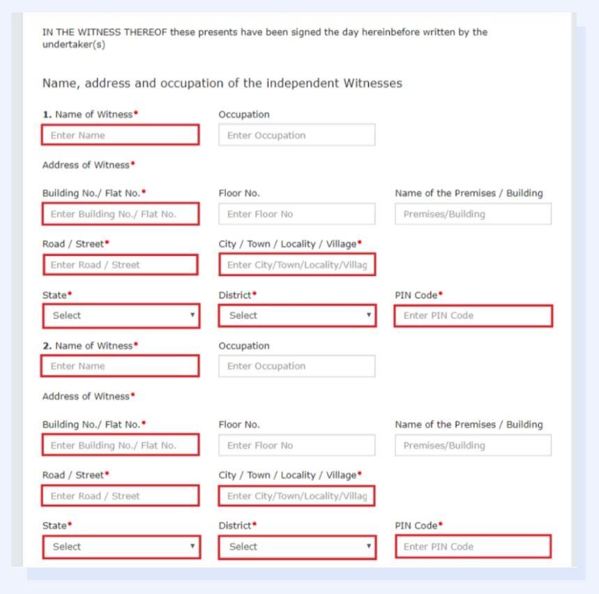Provide the names, occupations, and addresses of two independent witnesses in the boxes