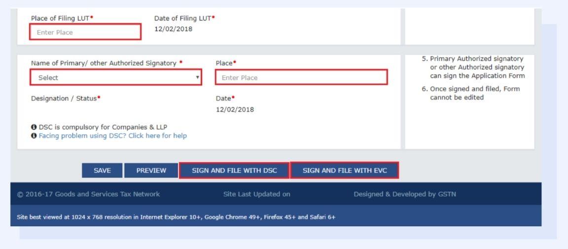 Sign and file the form using either a Digital Signature Certificate (DSE) or an Electronic Verification Code (EVC)
