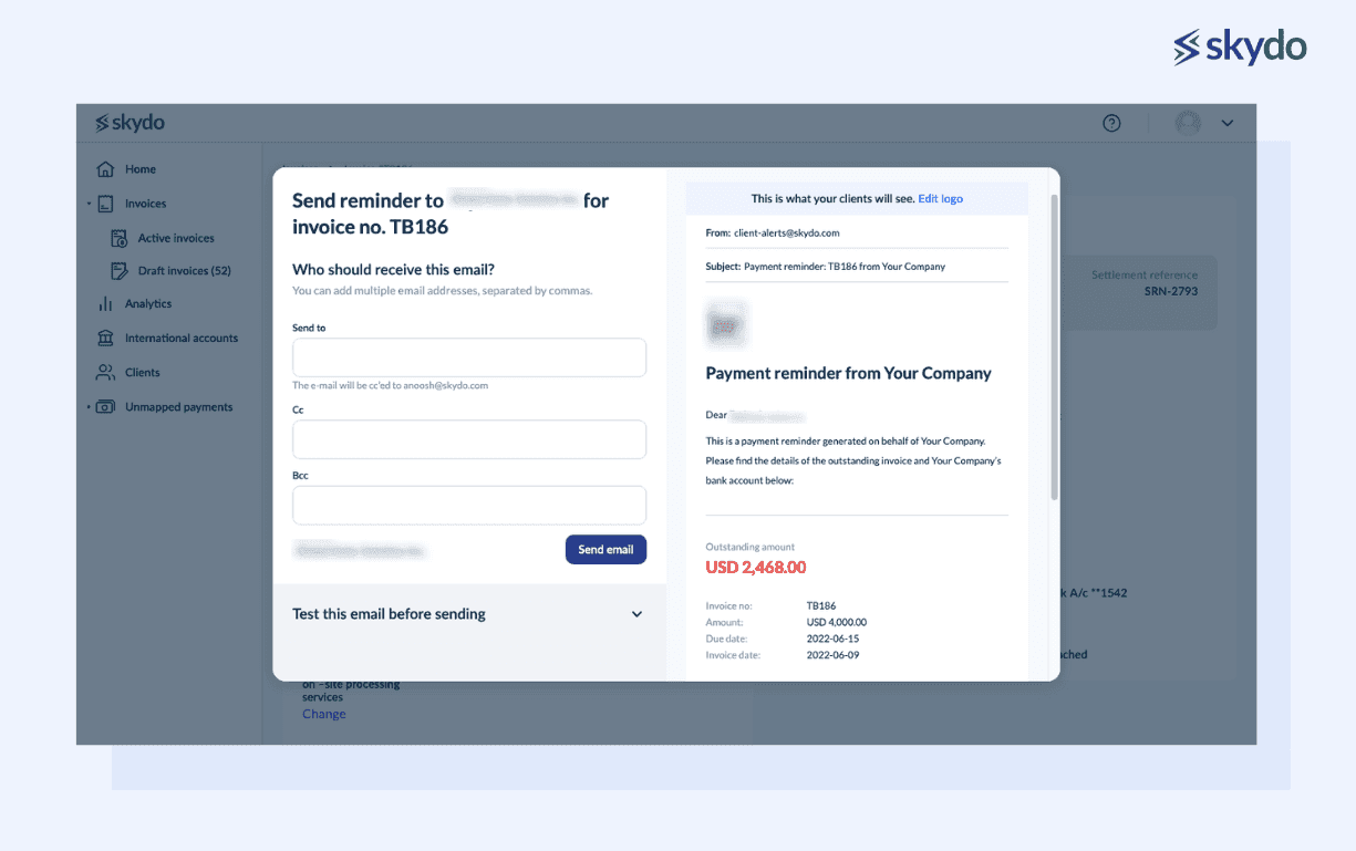 Payment reminders to clients through Skydo