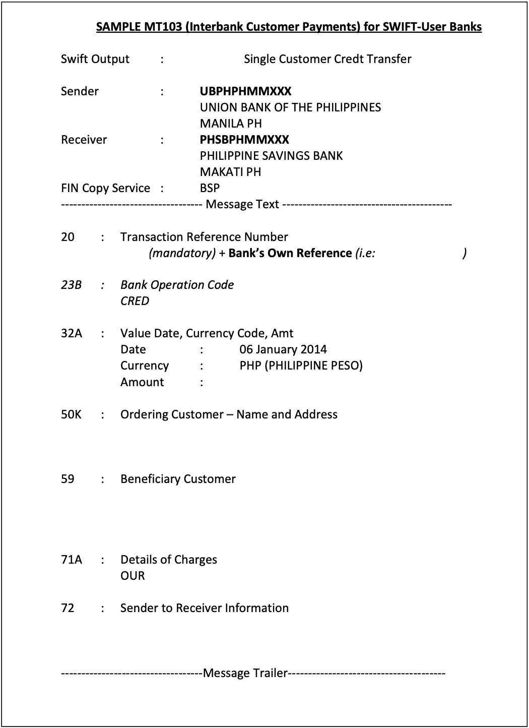 SWIFT MT103 Sample